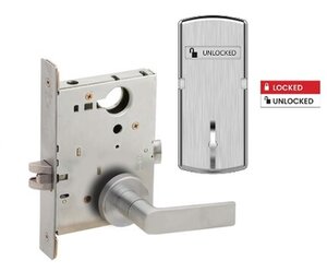 Schlage L9040 01B ISLOC Bath/Bedroom Privacy Mortise Lock with 01 Lever and B Rose with Inside Locked/Unlocked Indicator