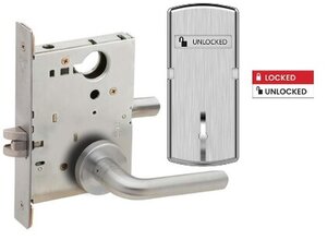 Schlage L9040 02B ISLOC Bath/Bedroom Privacy Mortise Lock with 02 Lever and B Rose with Inside Locked/Unlocked Indicator