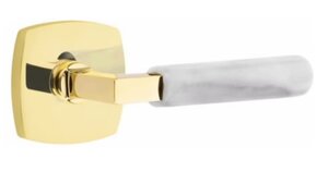 Emtek L-Square White Marble 5326 Select Brass Privacy Leverset with Urban Modern Rosette for Right Handed Doors