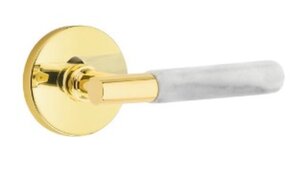 Emtek T-Bar White Marble 5209 Select Brass Privacy Leverset with Disk Rosette for Right Handed Doors