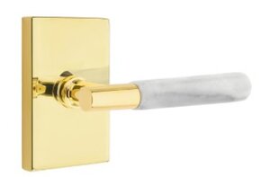 Emtek T-Bar White Marble 5112 Select Brass Passage Leverset with Modern Rectangular Rosette for Right Handed Doors