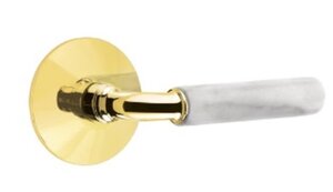 Emtek R-Bar White Marble 5207 Select Brass Privacy Leverset with Modern Rosette for Right Handed Doors