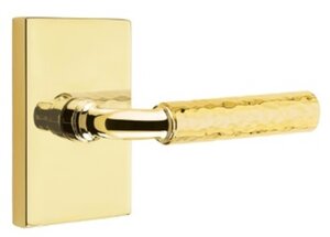 Emtek R-Bar Hammered 5212 Select Brass Privacy Leverset with Modern Rectangular Rosette for Right Handed Doors